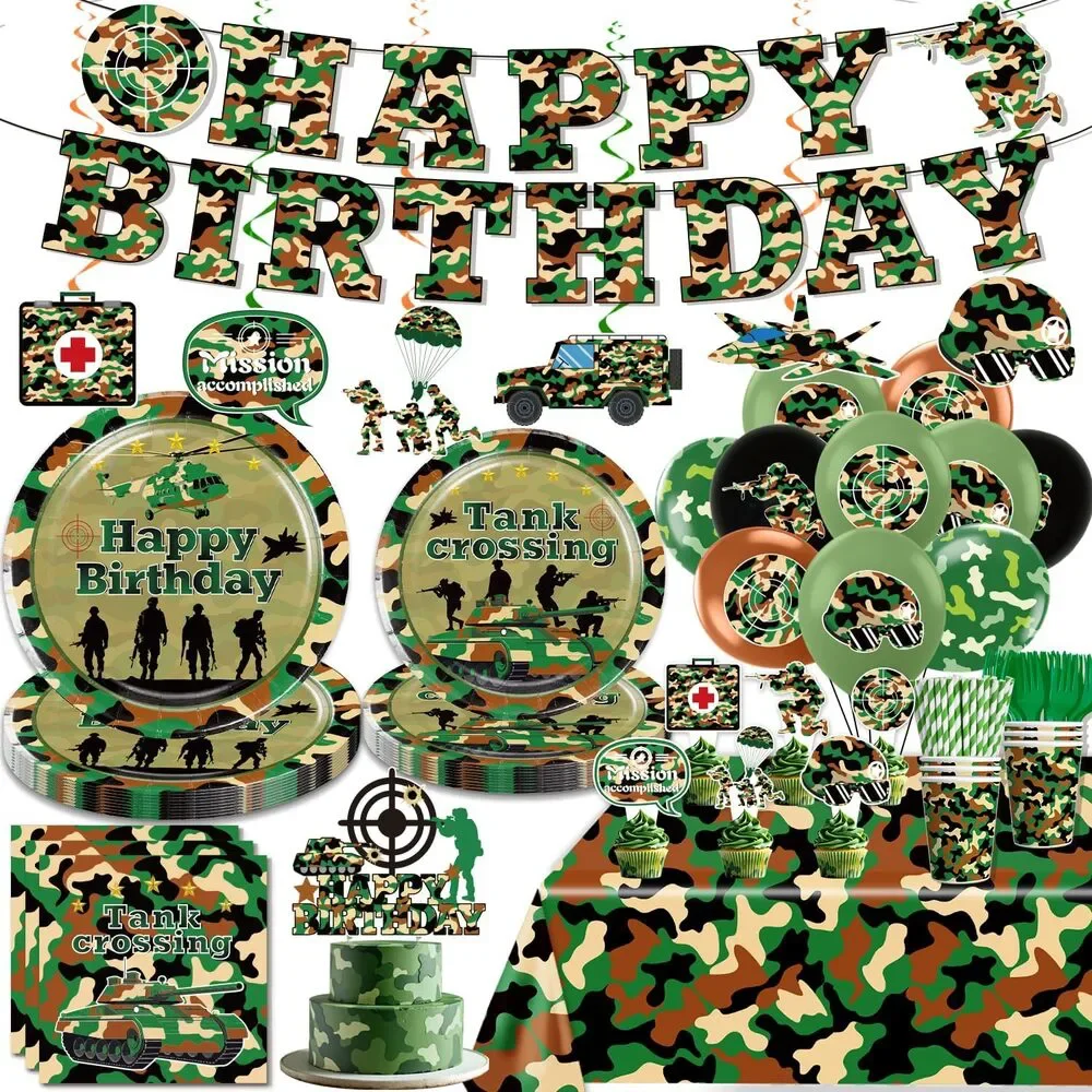 New 198 Piece Camo Camouflage Party Supplies Plates Napkins Decorations